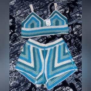 Rebellion Blue and White Crochet Women Crop Top and Shorts Set